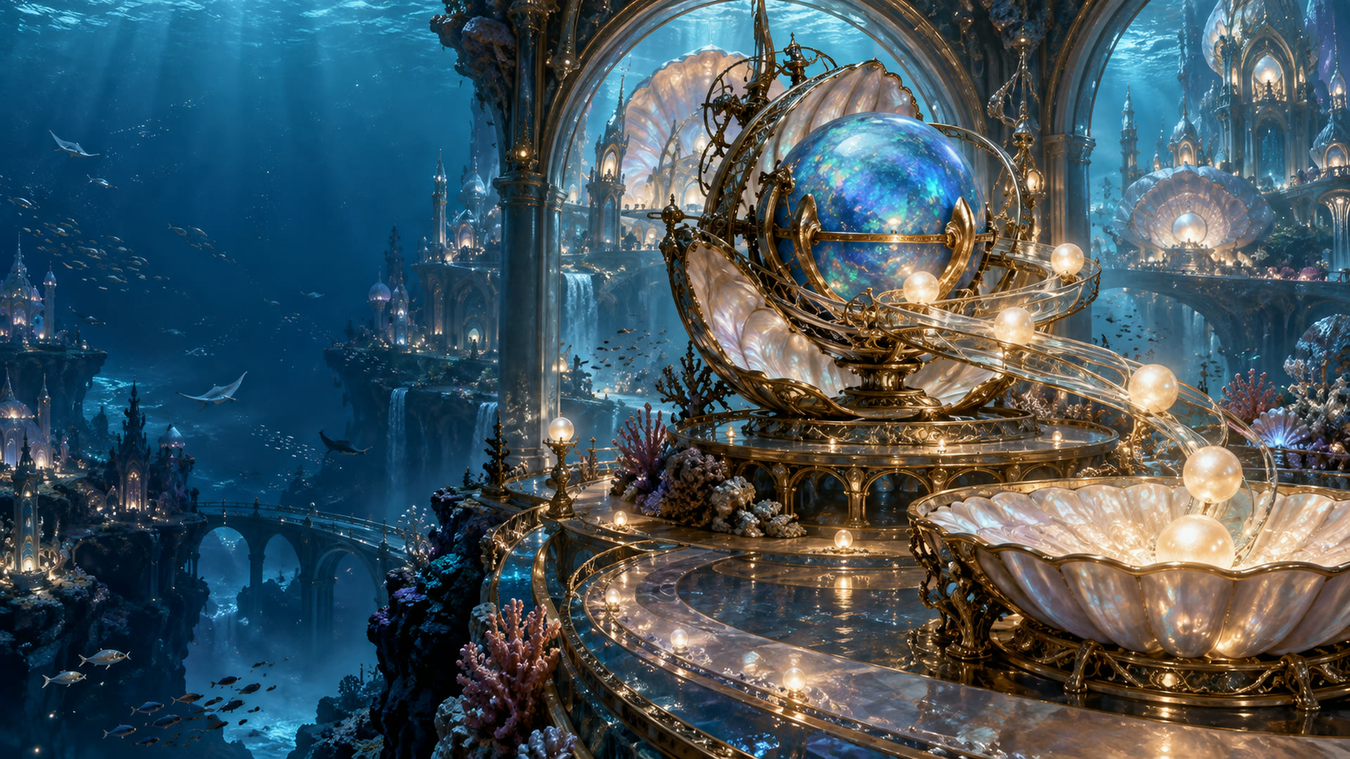 A glowing underwater treasury with intricate brass machinery