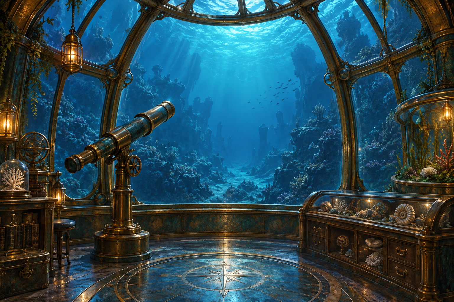 Inside a brass and sea-glass underwater observatory